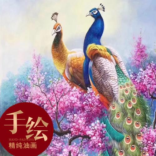✅大芬村手绘油画 孔雀九鱼图玄关装饰画新中式走廊过道客厅壁挂